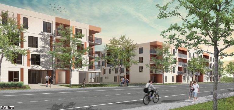 Voici une perspective de la phase 1 du projet de revitalisation des immeubles Val-Martin, à Chomedey.