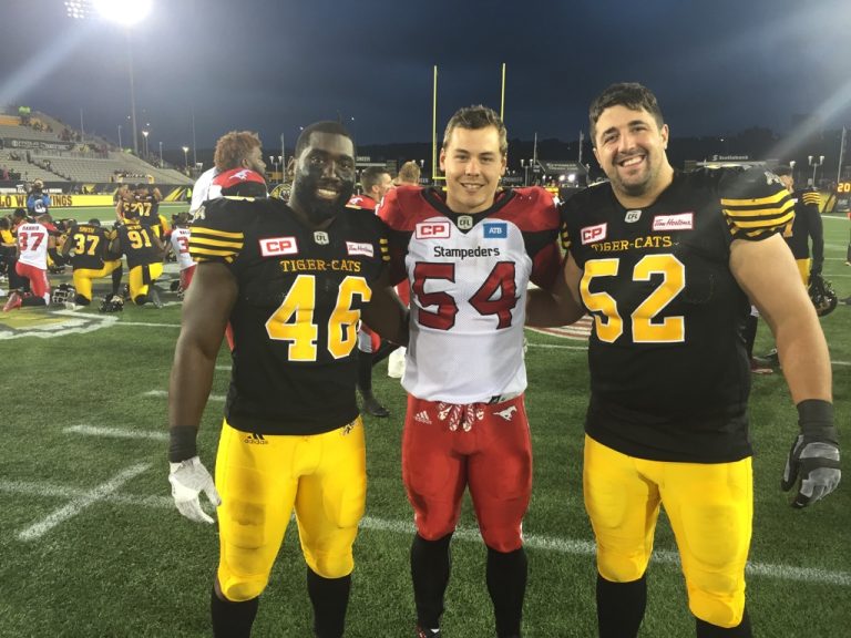 Rencontre de trois anciens Loups au football professionnel Carl-Olivier Prime, Pierre-Luc Caron et Mathieu Girard sur un même terrain de la LCF.