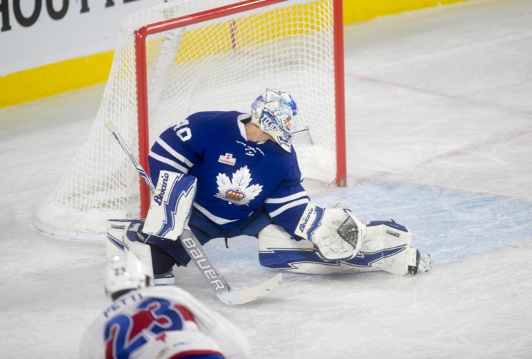Les Marlies gâchent la fête Niki Petti a compté le premier but semant une pluie de toutous sur la glace de la Place Bell.