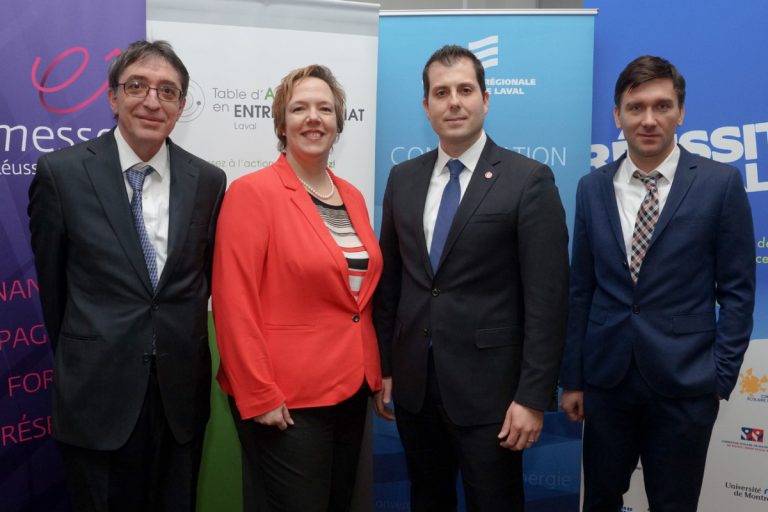 Dans l'ordre habituel, on reconnaît les auteurs de l'étude Mihai Ibanescu, chercheur auprès de l'Institut d'entrepreneuriat Banque Nationale/HEC Montréal, et Rina Marchand, directrice principale Contenus et innovation à la Fondation de l'entrepreneurship, Anthony Lacopo, président de la Table d'action en entreprenariat de Laval, et Gabriel Chirita, chercheur coordonnateur à l'Institut d'entrepreneuriat.