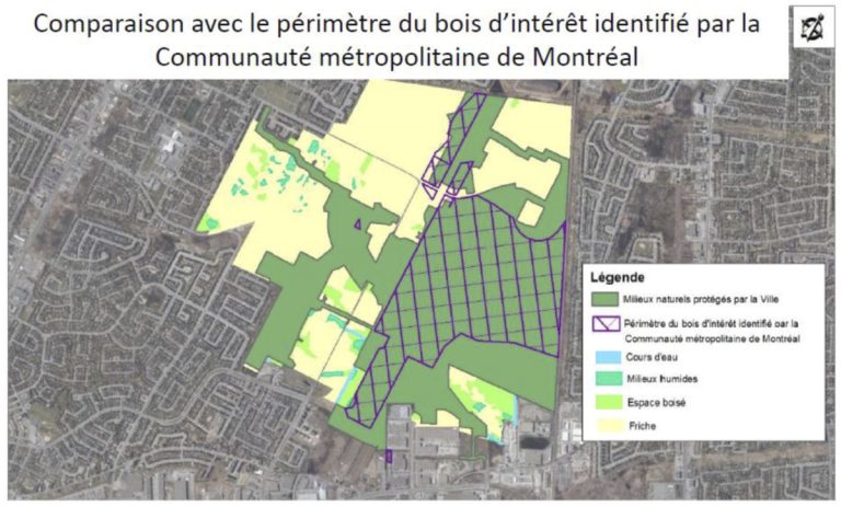 Les 216 hectares du bois de l'Équerre que la Ville entend protéger comprennent l’intégralité des cours d’eau, les milieux humides de plus grande valeur et le bois d’intérêt identifié au Plan métropolitain d’aménagement et de développement (PMAD), dont les 24 hectares de l’écosystème forestier exceptionnel (EFE).