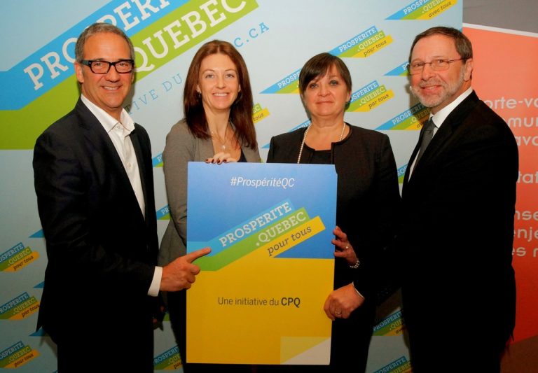 Marc-André Bovet, Marisol Labrecque, ambassadeurs, Chantal Provost, présidente-diterctrice générale de la CCIL et Yves-Thomas Dorval, président-directeur général du CPQ, encouragent la prospérité lavalloise.