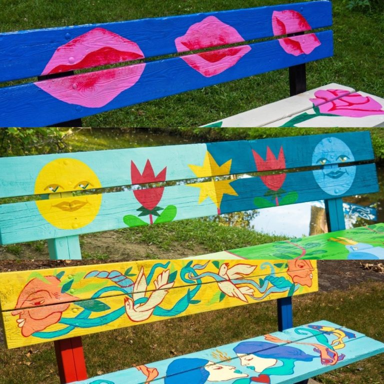 Neuf œuvres sur des bancs du parc Bernard-Landry bancs artistiques parc Bernard-Landry